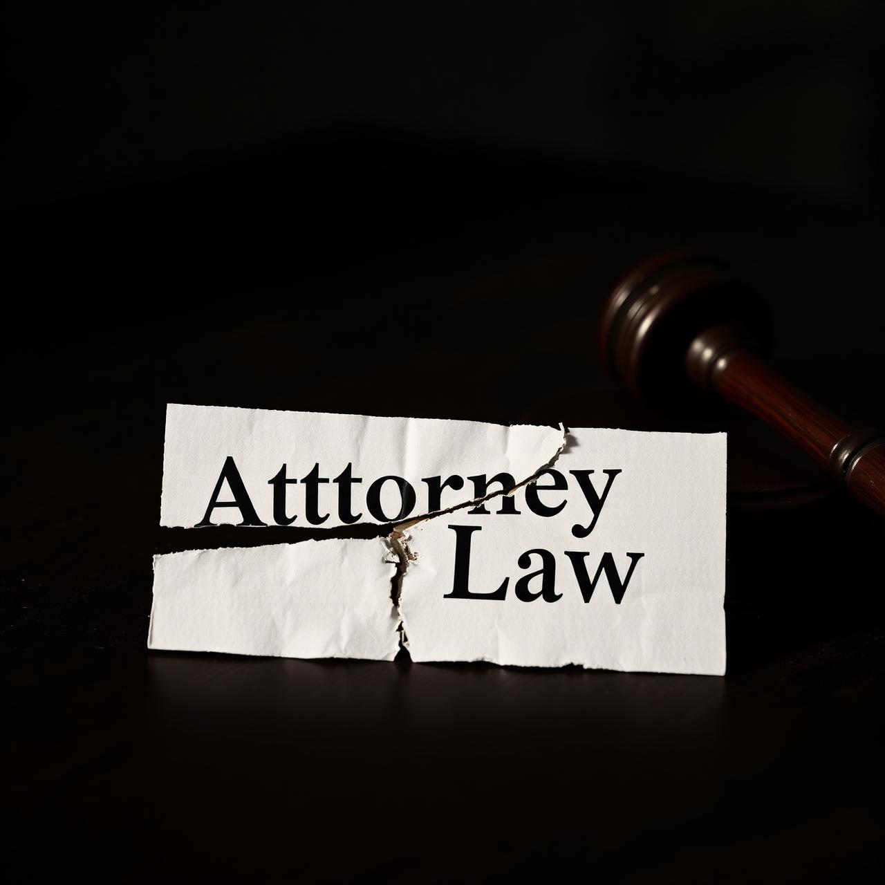Torn Attorney at Law business card on a dark desk beside a broken gavel, symbolizing a fake lawyer scam
